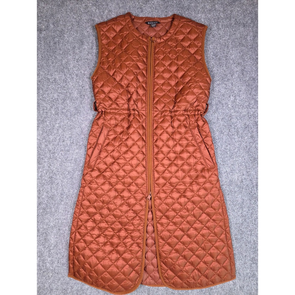 Athleta Whisper Featherless Long Vest Womens XS Brown Quilted Full Zip Puffer